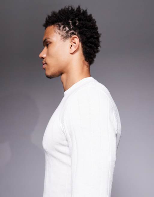 ASOS DESIGN muscle fit long sleeve knitted rib t-shirt in off white, 4 of 5