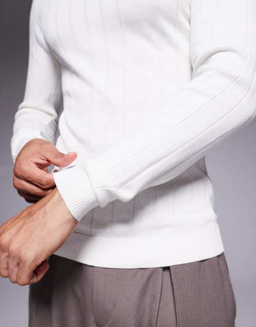 ASOS DESIGN muscle fit long sleeve knitted rib t-shirt in off white, 5 of 5