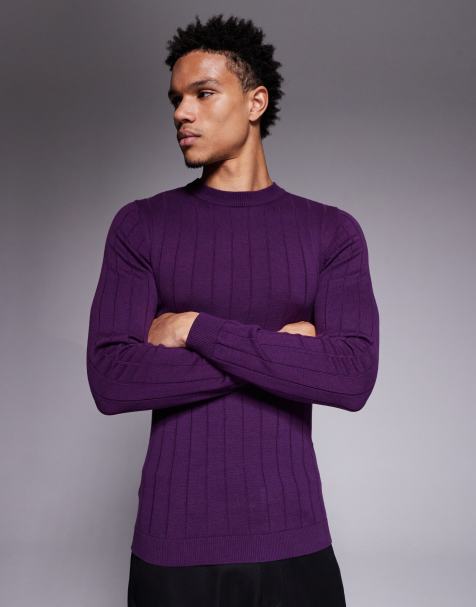 ASOS DESIGN muscle fit long sleeve knitted rib t-shirt in purple - view 1