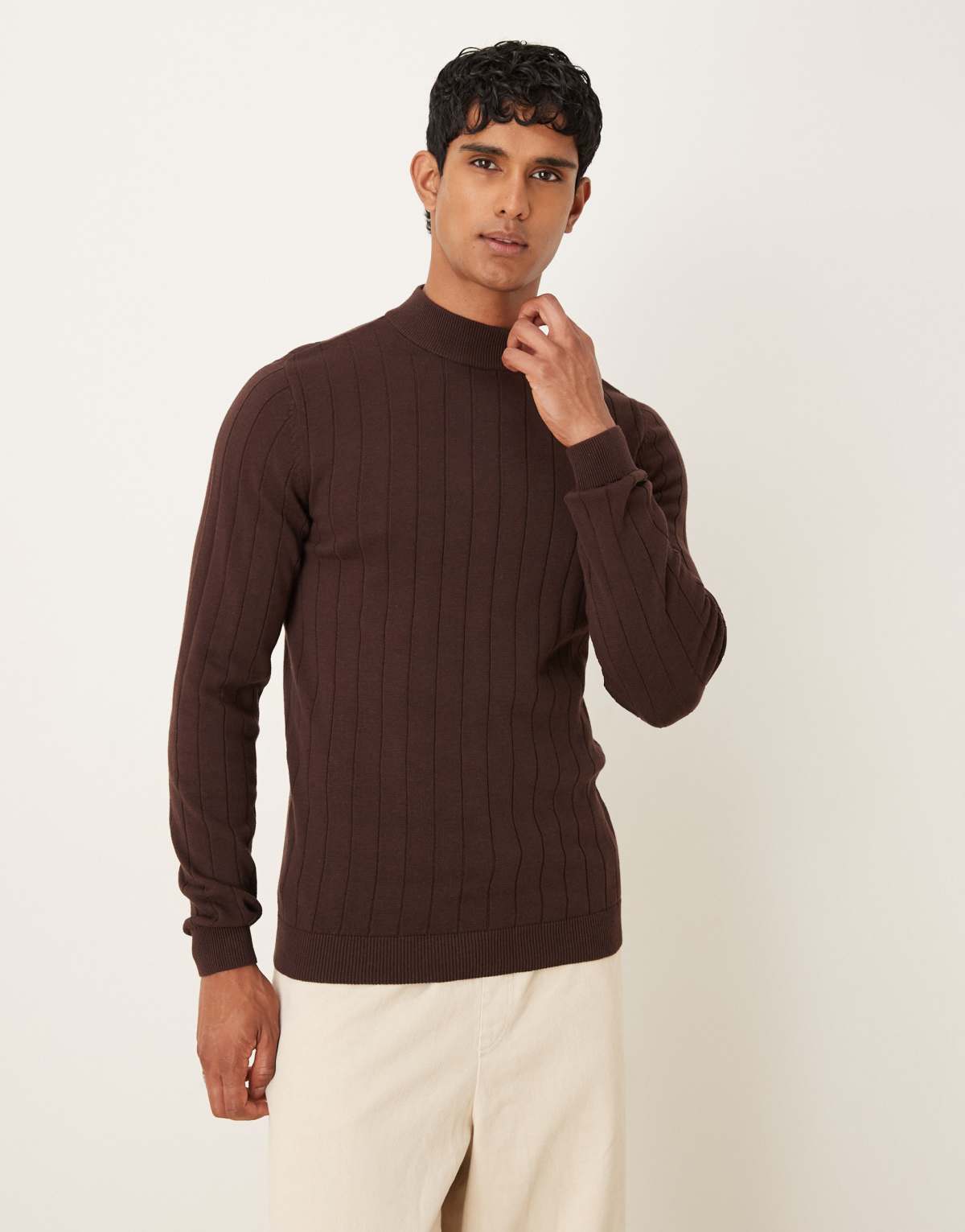 ASOS DESIGN muscle fit long sleeve knitted rib turtle neck in brown