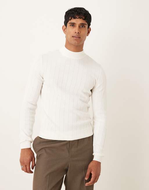 ASOS DESIGN muscle fit long sleeve knitted rib turtle neck in off white
