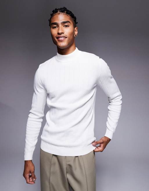 ASOS DESIGN muscle fit long sleeve knitted rib turtle neck t-shirt in beige