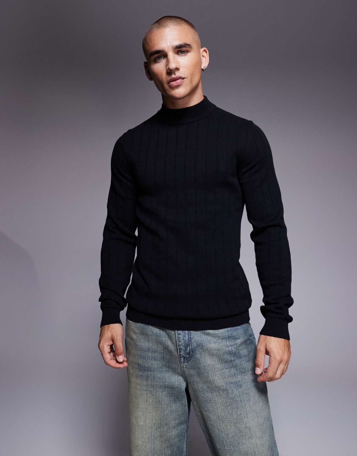ASOS DESIGN muscle fit long sleeve knitted rib turtle neck t-shirt in black