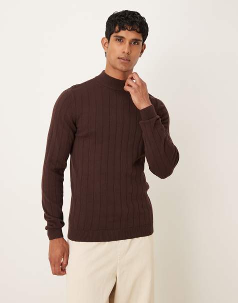ASOS DESIGN muscle fit long sleeve knitted rib turtle neck t-shirt in brown - view 1