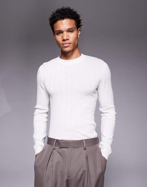 ASOS DESIGN muscle fit long sleeve lightweight knitted rib t-shirt in off white - view 1