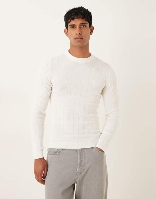 ASOS DESIGN muscle fit long sleeve lightweight knitted rib t-shirt in off white