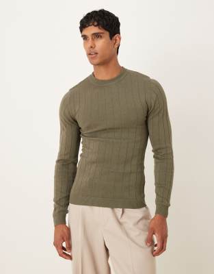 Asos Design Muscle Fit Long Sleeve Lightweight Rib Knit T-shirt In Green