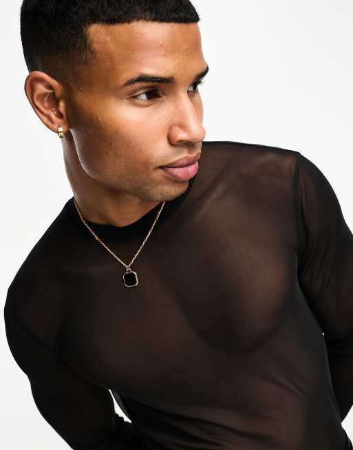 ASOS DESIGN long sleeve t-shirt in black mesh with high neck