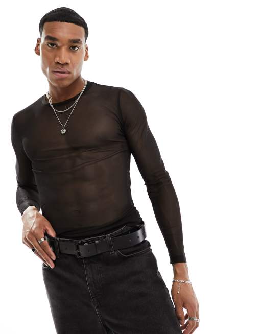 Black Long Sleeve Mesh Top for Men