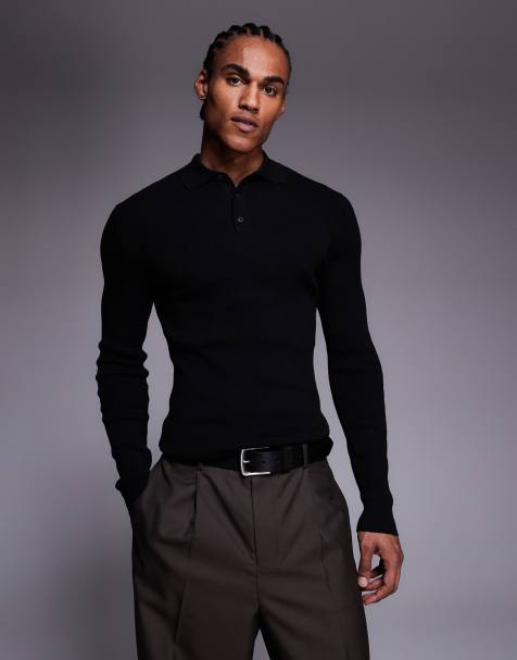 ASOS DESIGN muscle fit long sleeve micro rib polo in black cotton blend - view 1