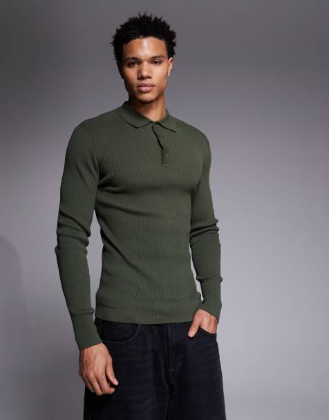 ASOS DESIGN muscle fit long sleeve micro rib polo in khaki cotton blend - view 1