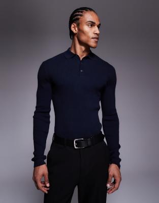 Asos Design Muscle Fit Long Sleeve Micro Rib Polo In Blue