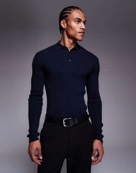 ASOS DESIGN Essential muscle fit long sleeve knitted cotton blend rib polo in navy - NAVY - NAVY
