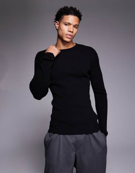 ASOS DESIGN muscle fit long sleeve micro rib t-shirt in black cotton blend - view 1