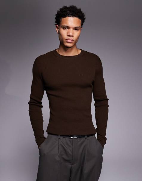 ASOS DESIGN muscle fit long sleeve micro rib t-shirt in brown cotton blend - view 1