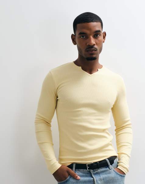 ASOS DESIGN muscle fit long sleeve notch neck t-shirt in yellow rib - view 1
