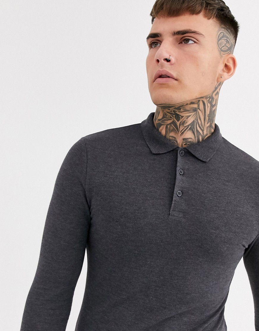 ASOS DESIGN muscle fit long sleeve pique polo in charcoal marl-Grey