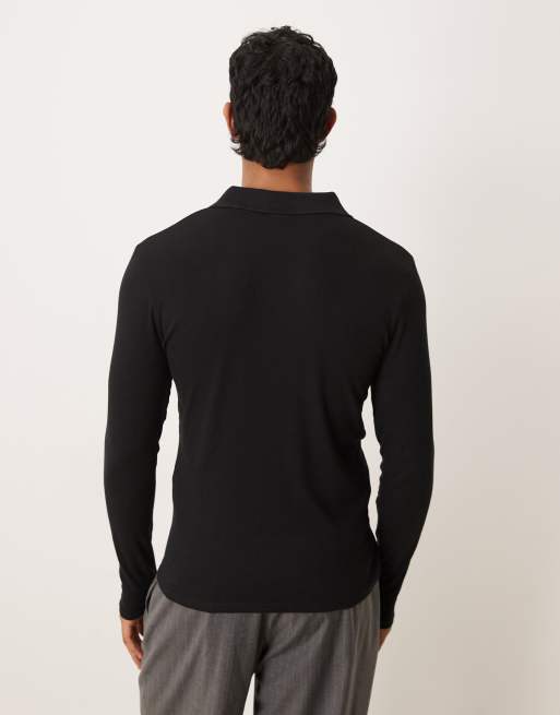 ASOS DESIGN muscle fit long sleeve polo in black rib, 3 of 5