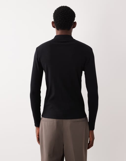 ASOS DESIGN muscle fit long sleeve polo in black rib, 3 of 5