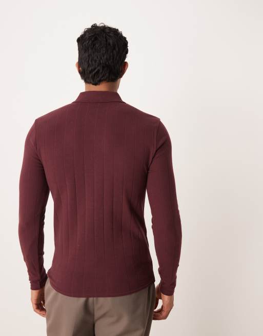 ASOS DESIGN muscle fit long sleeve polo in burgundy rib, 3 of 5