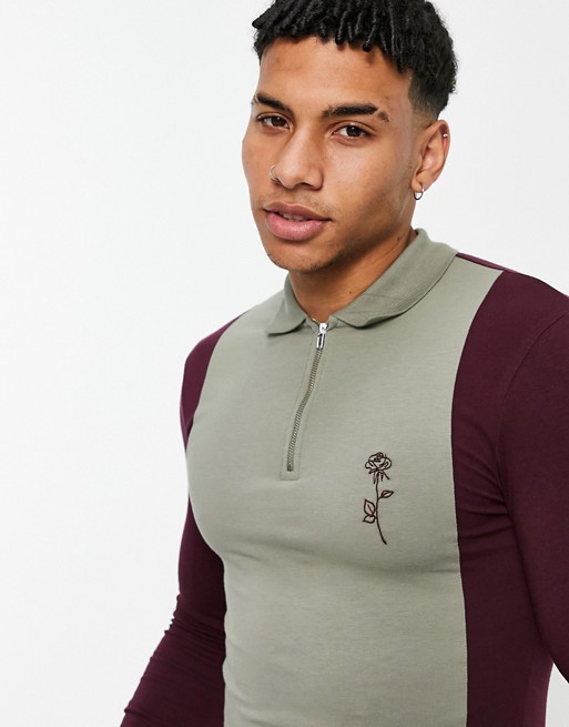 ASOS DESIGN muscle fit long sleeve polo shirt in khaki rib with chest embroidery