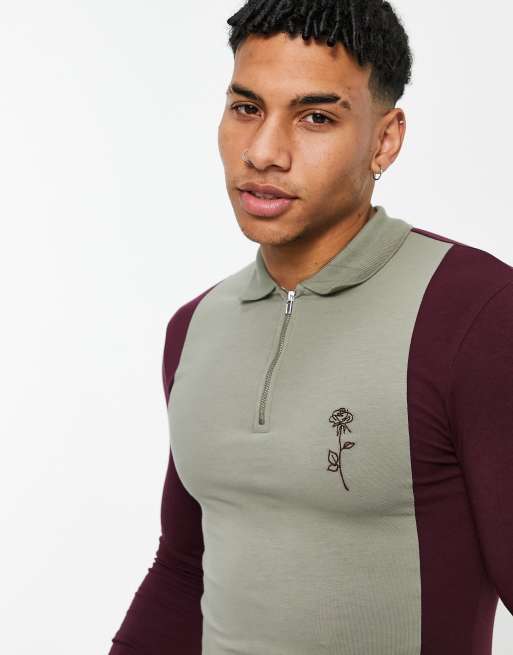 ASOS DESIGN muscle fit long sleeve polo shirt in khaki rib with chest