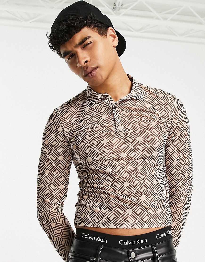 ASOS DESIGN muscle fit long sleeve polo t-shirt in printed mesh-Neutral