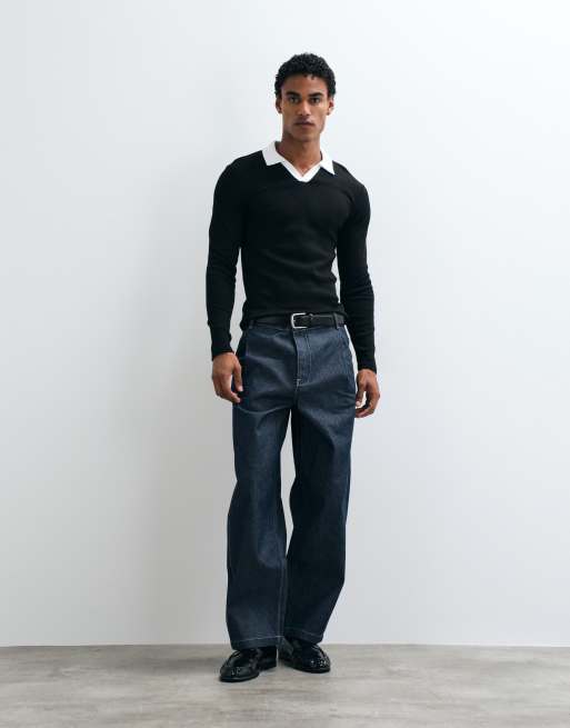 ASOS DESIGN muscle fit long sleeve polo with contrast collar in black rib, 3 of 5