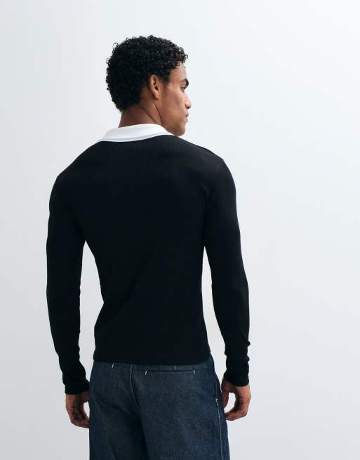 ASOS DESIGN muscle fit long sleeve polo with contrast collar in black rib, 4 of 5