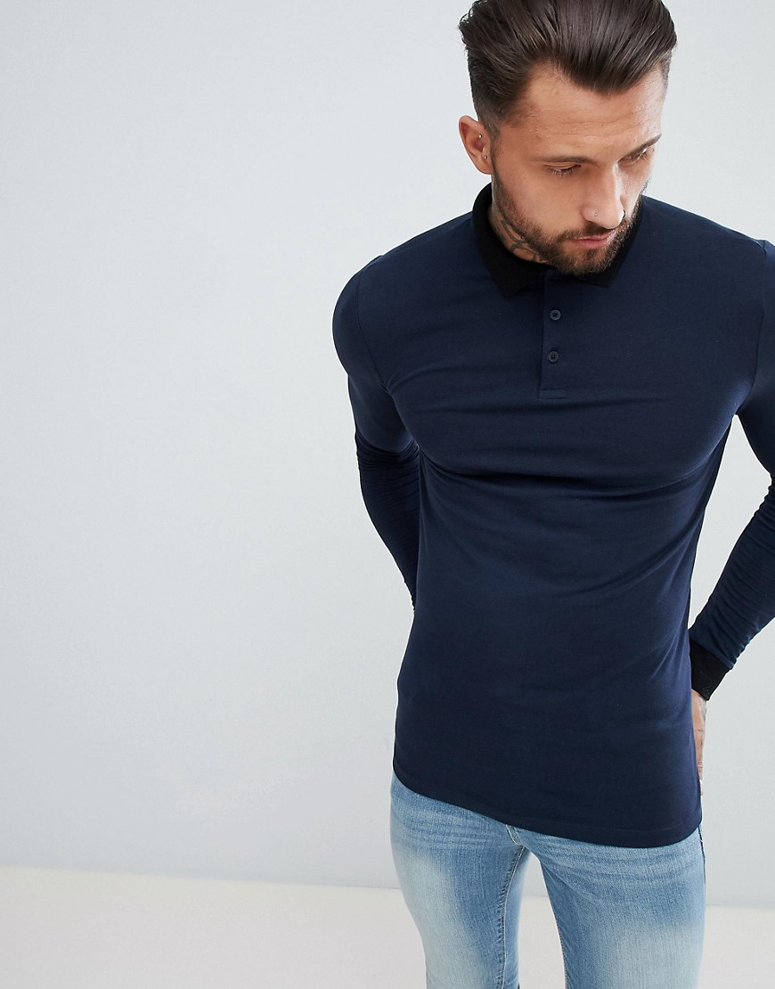 ASOS DESIGN muscle fit long sleeve polo with contrast collar in navy-Multi