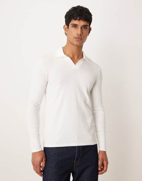 ASOS DESIGN muscle fit long sleeve polo in white rib
