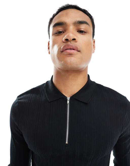 ASOS DESIGN muscle fit long sleeve polo with zip in black textured rib - BLACK, 5 of 5