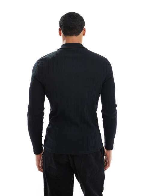 ASOS DESIGN muscle fit long sleeve polo with zip in black textured rib, 3 of 5