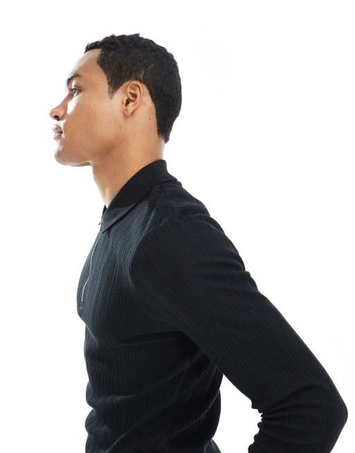 ASOS DESIGN muscle fit long sleeve polo with zip in black textured rib, 4 of 5