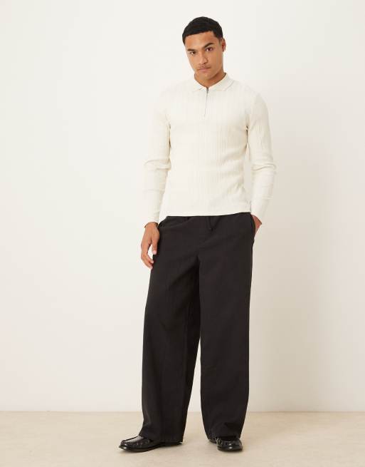 ASOS DESIGN muscle fit long sleeve polo with zip in cream textured rib, 2 of 5