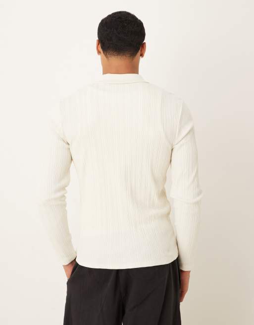 ASOS DESIGN muscle fit long sleeve polo with zip in cream textured rib, 3 of 5