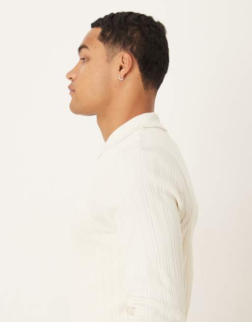 ASOS DESIGN muscle fit long sleeve polo with zip in cream textured rib, 4 of 5