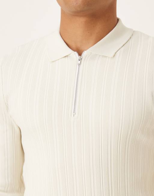 ASOS DESIGN muscle fit long sleeve polo with zip in cream textured rib, 5 of 5