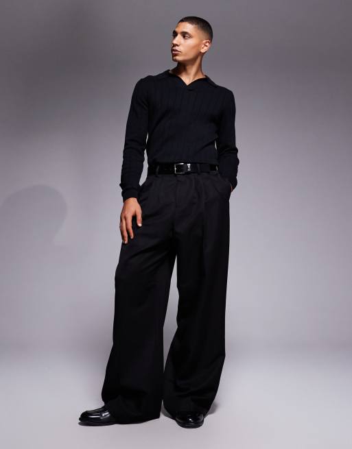 ASOS DESIGN muscle fit long sleeve rib knit notch neck polo shirt in black