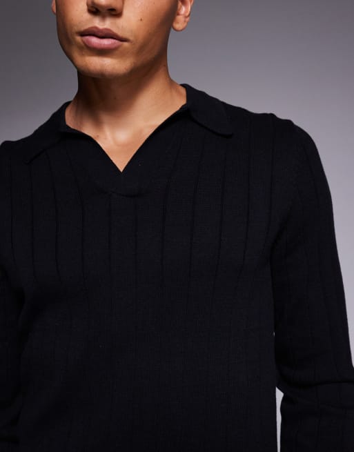 ASOS DESIGN muscle fit long sleeve rib knit notch neck polo shirt in black