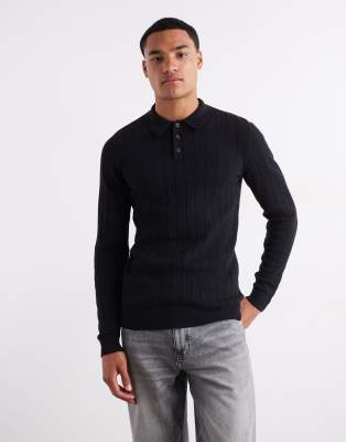 Asos Design Muscle Fit Long Sleeve Rib Knit Polo Shirt In Black