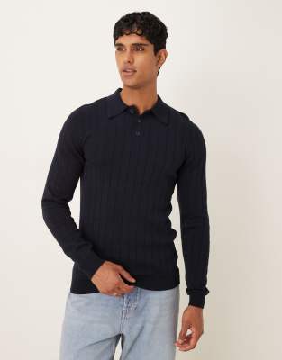 Asos Design Muscle Fit Long Sleeve Rib Knit Polo Shirt In Black