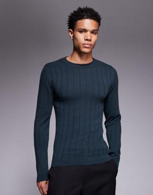 Asos Design Muscle Fit Long Sleeve Rib Knit T-shirt In Green