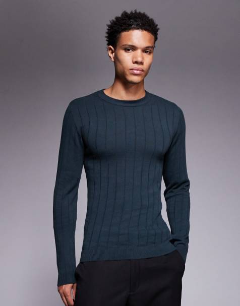 ASOS DESIGN muscle fit long sleeve rib knit t-shirt in dark green - view 1