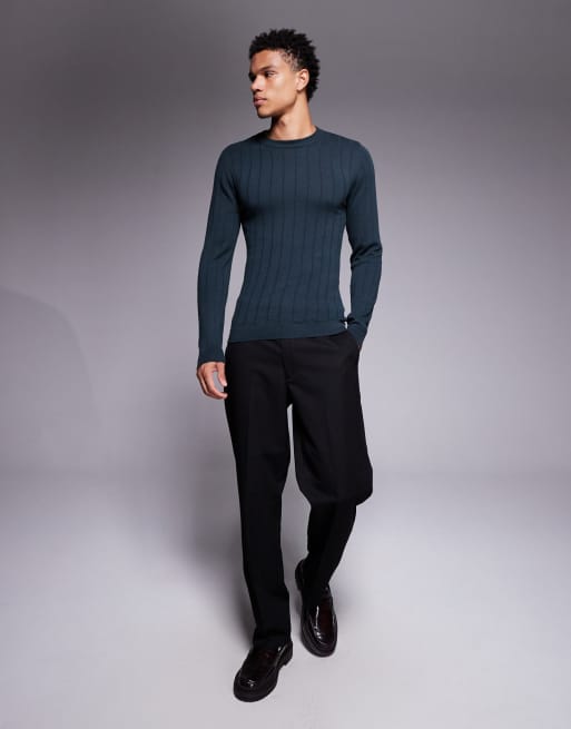 ASOS DESIGN muscle fit long sleeve rib knit t-shirt in dark green