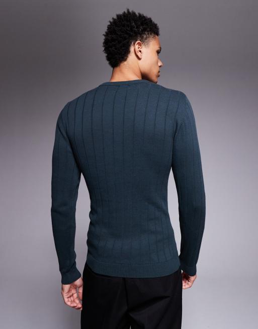 ASOS DESIGN muscle fit long sleeve rib knit t-shirt in dark green