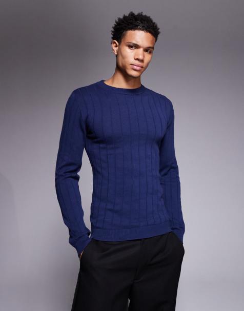 ASOS DESIGN muscle fit long sleeve rib knit t-shirt in navy - view 1