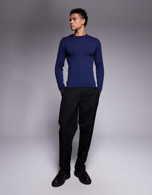ASOS DESIGN muscle fit long sleeve rib knit t-shirt in navy, 2 of 5
