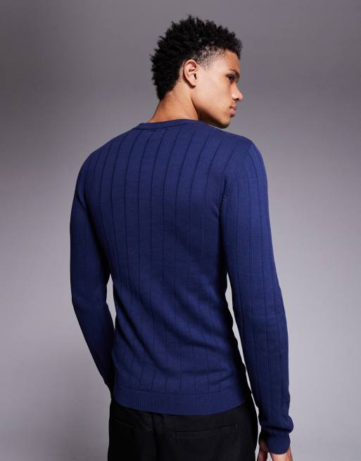 ASOS DESIGN muscle fit long sleeve rib knit t-shirt in navy, 3 of 5