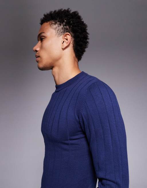 ASOS DESIGN muscle fit long sleeve rib knit t-shirt in navy, 4 of 5